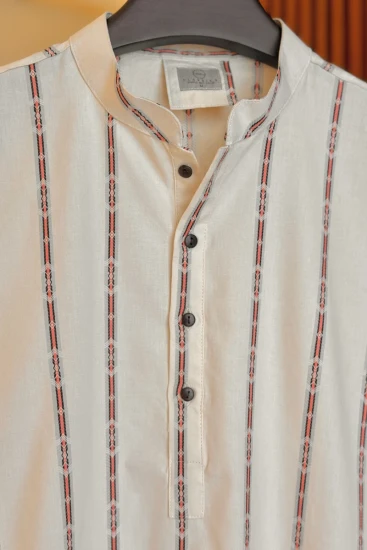 Cream with Black-Orange Textured Stripes Panjabi